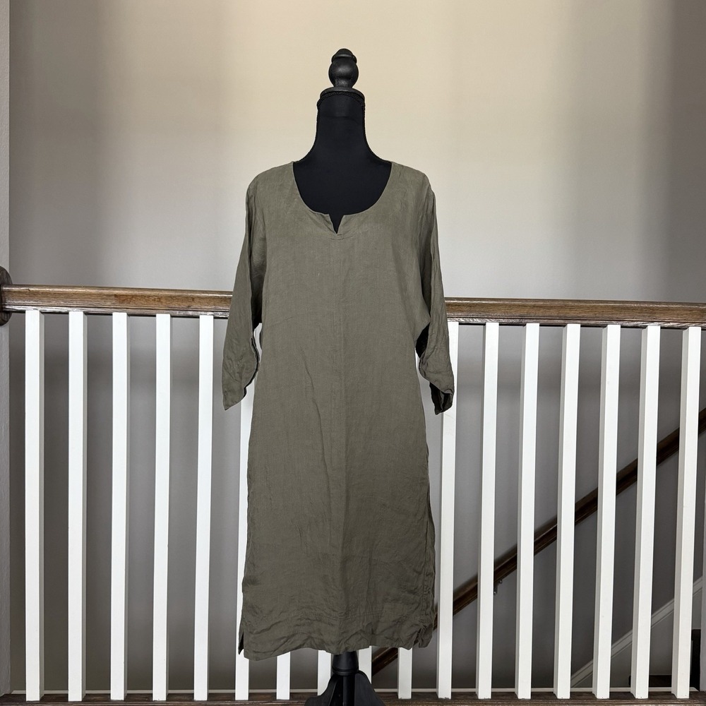 Blaumax Lagenlook 100% Linen Midi Dress Green Medium Cottage Boho Minimalist